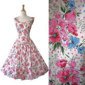 Vintage 80s 50s Shannon Marie Hawaiian Pink Blue Floral Fit Flare Smocked Dress